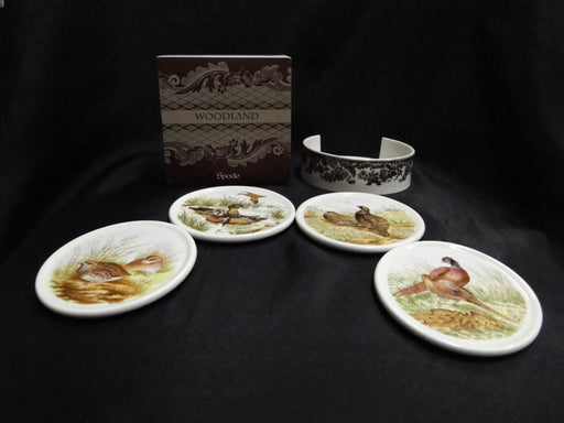 Spode Woodland Quail, Wood Duck, Grouse, Pheasant: NEW 4 Coasters & Holder, Box