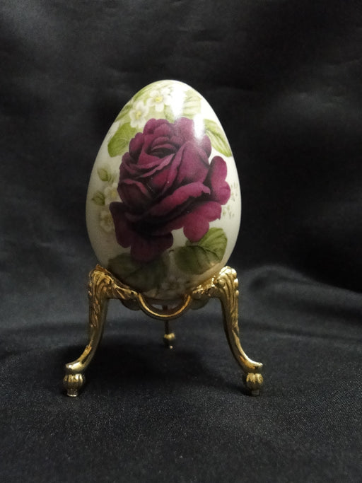 Eggzakly Egg Figurine: Hand Painted Egg w/ Dark Red Roses & 3-Legged Stand