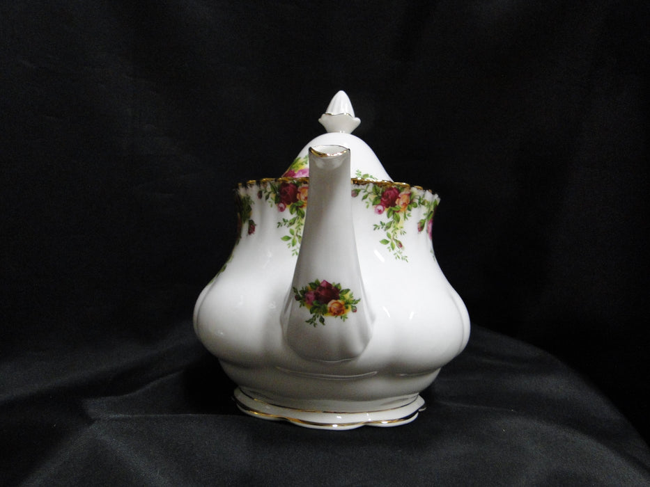Royal Albert Old Country Roses, England: Teapot & Lid, 7 1/2" Tall, Flat Opening