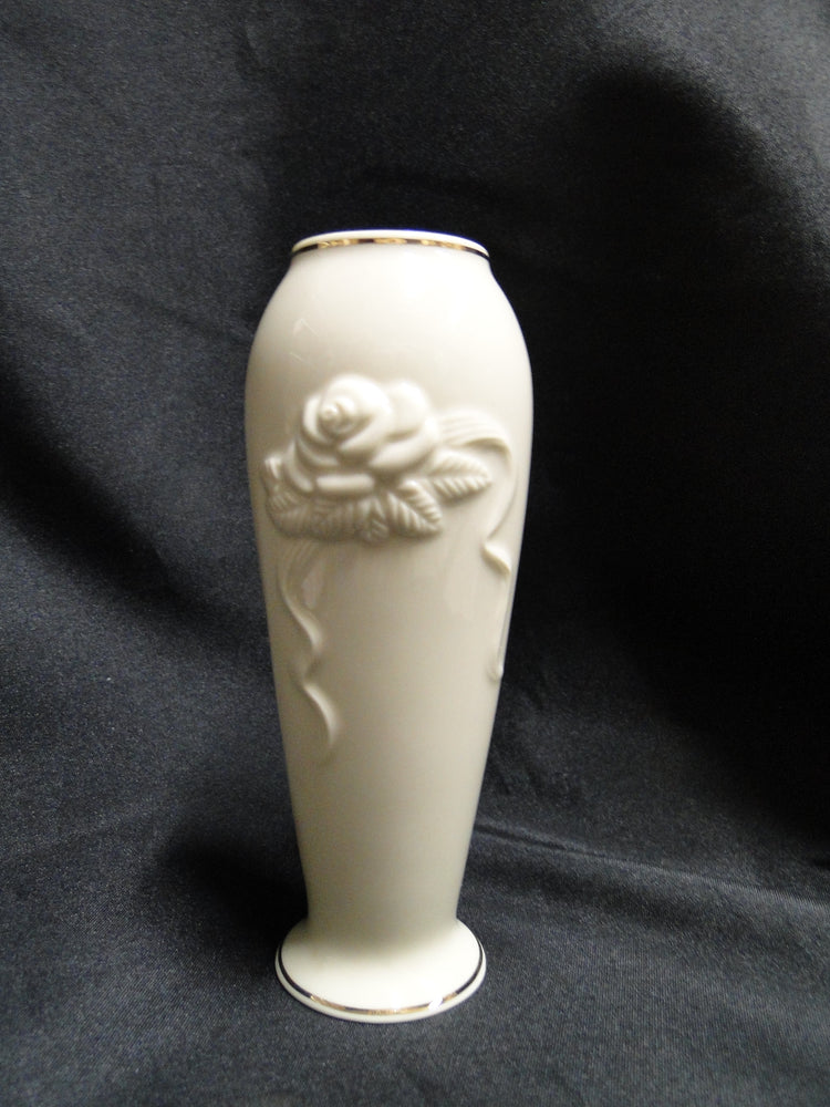 Lenox Rosebud Collection, Ivory Embossed Rose w/ Ribbon, Gold: Vase, 5 3/4"