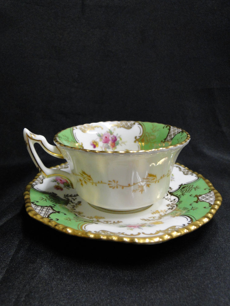 Coalport Panel Green Florals Gold Scrolls Beaded Trim Cup & Saucer Set 2"