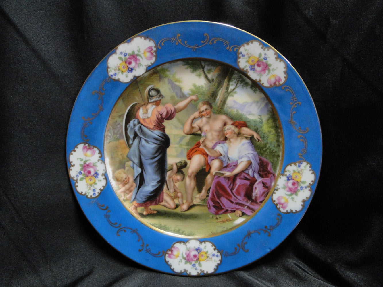 Beyer & Bock Hand Painted Scene, Blue Rim: Dinner Plate (s), 11”, Scene C