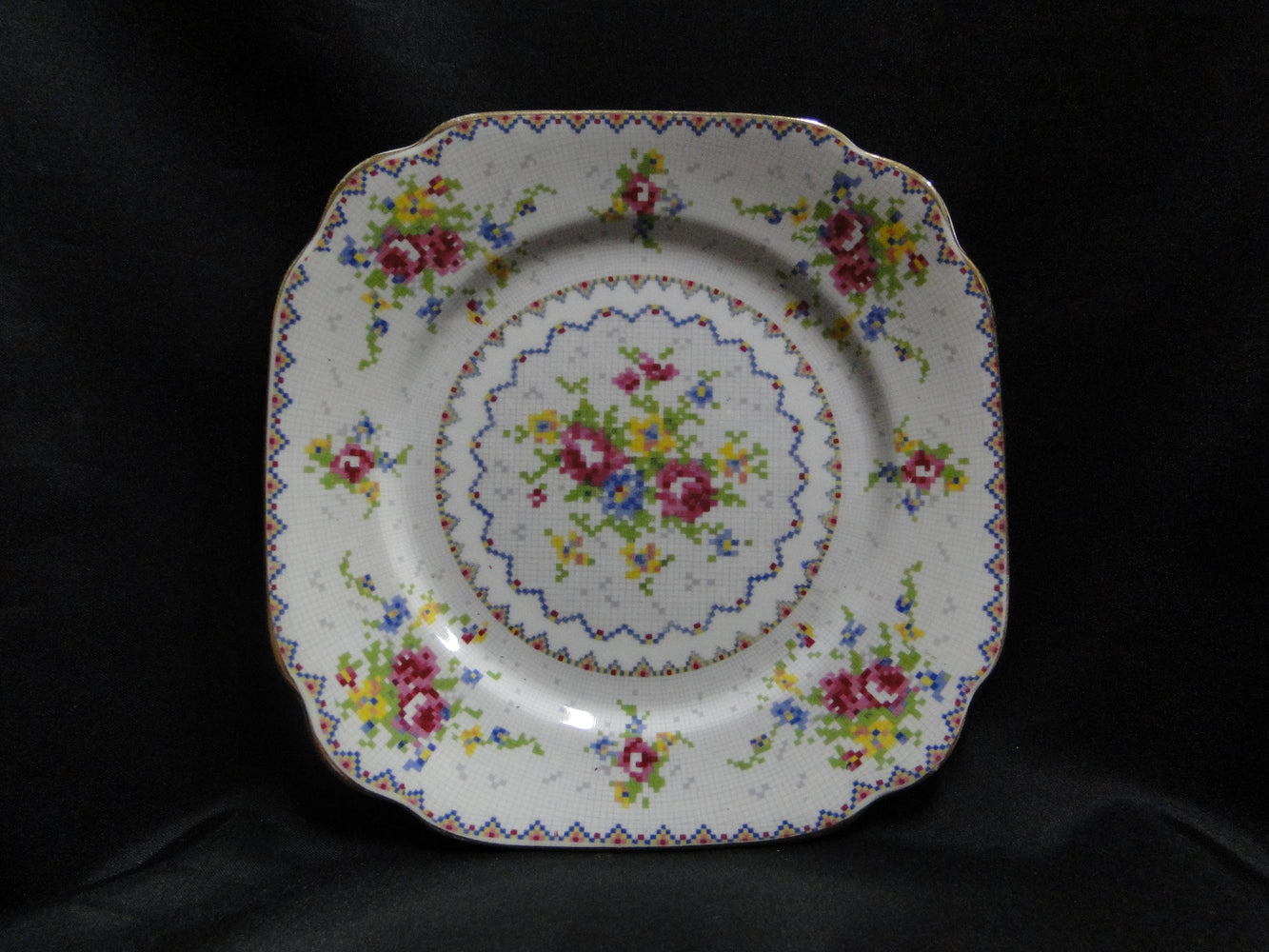 Royal Albert Petit Point, Floral Embroidery: Square Dessert Plate 6 3/4" Crazing