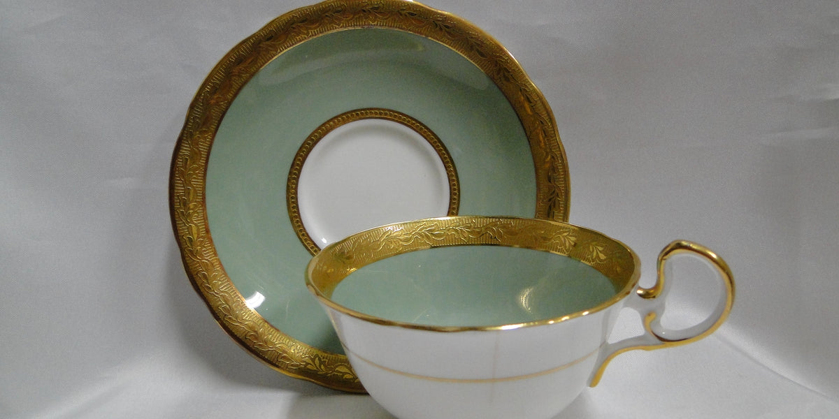 Aynsley 8083 Green Band, Encrusted Gold: Cup & Saucer Set, 2