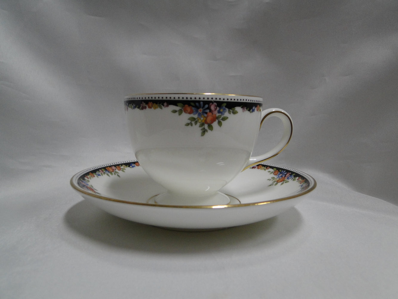 Wedgwood Osborne, White w/ Florals, Black Dots: Cup & Saucer Set (s), 2 3/4"