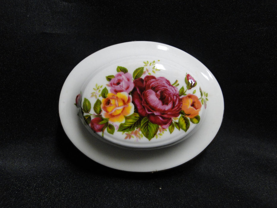 Sheer Elegance, Red, Yellow & Pink Roses on White: Oval Box & Lid, 2 7/8"