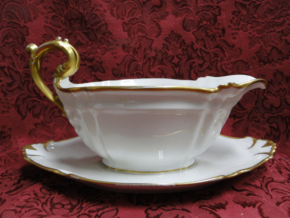 Redon, M (PL Limoges), White, Embossed, Gold Trim: Gravy w/ Attached Underplate