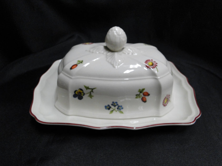 Villeroy & Boch Petite Fleur, Small Flowers, Red Trim: Butter Dish & Lid