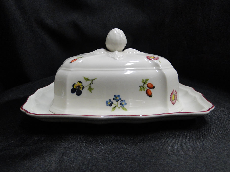 Villeroy & Boch Petite Fleur, Small Flowers, Red Trim: Butter Dish & Lid