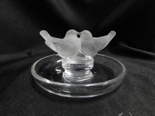 Lalique Pinson, Two Frosted Bird Figures: Round Pin / Ring Tray, 3 3/4"