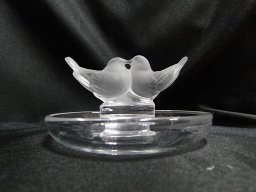 Lalique Pinson, Two Frosted Bird Figures: Round Pin / Ring Tray, 3 3/4"