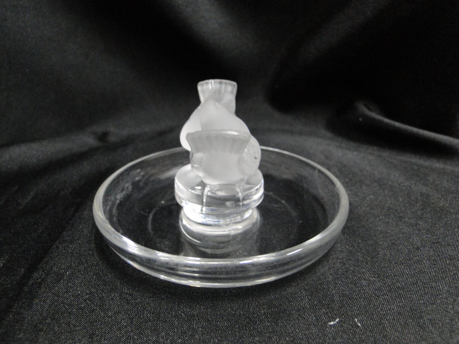 Lalique Pinson, Two Frosted Bird Figures: Round Pin / Ring Tray, 3 3/4"
