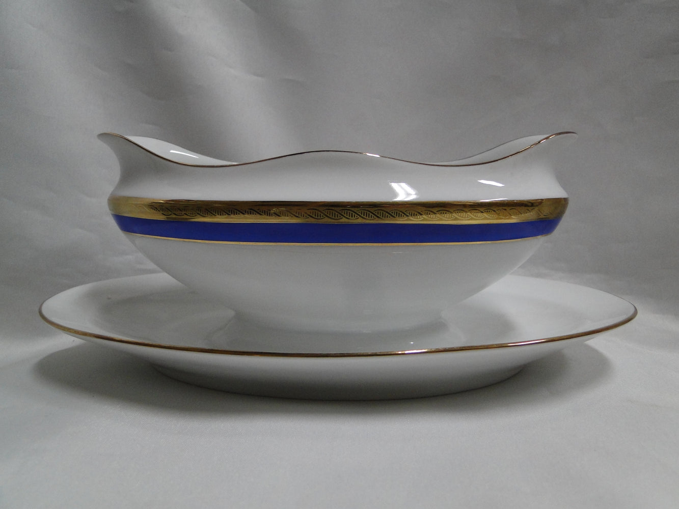 Richard Ginori Palermo Blue, Gold Encrusted: Gravy Boat w/ Attached Underplate