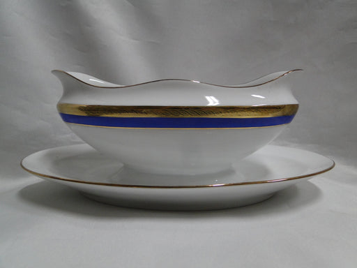 Richard Ginori Palermo Blue, Gold Encrusted: Gravy Boat w/ Attached Underplate
