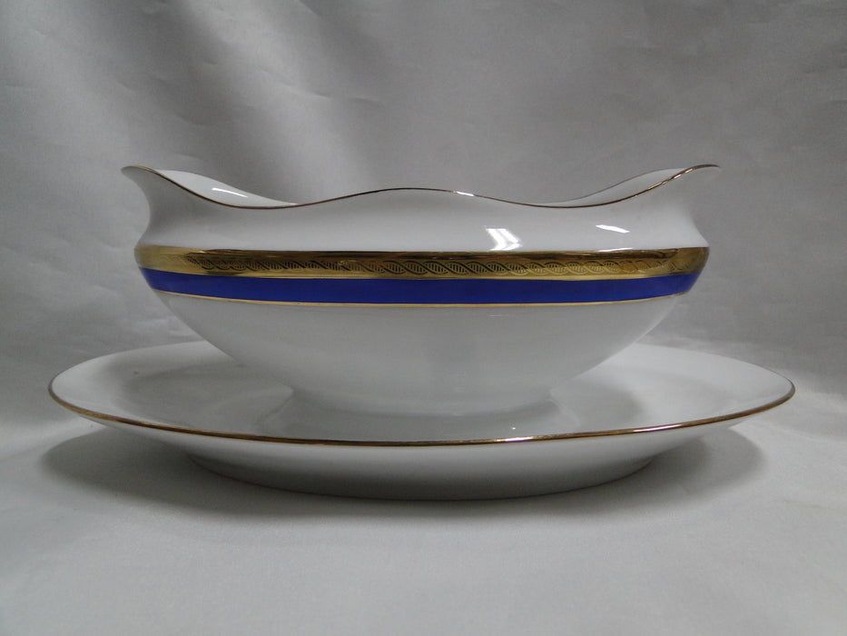 Richard Ginori Palermo Blue, Gold Encrusted: Gravy Boat w/ Attached Underplate