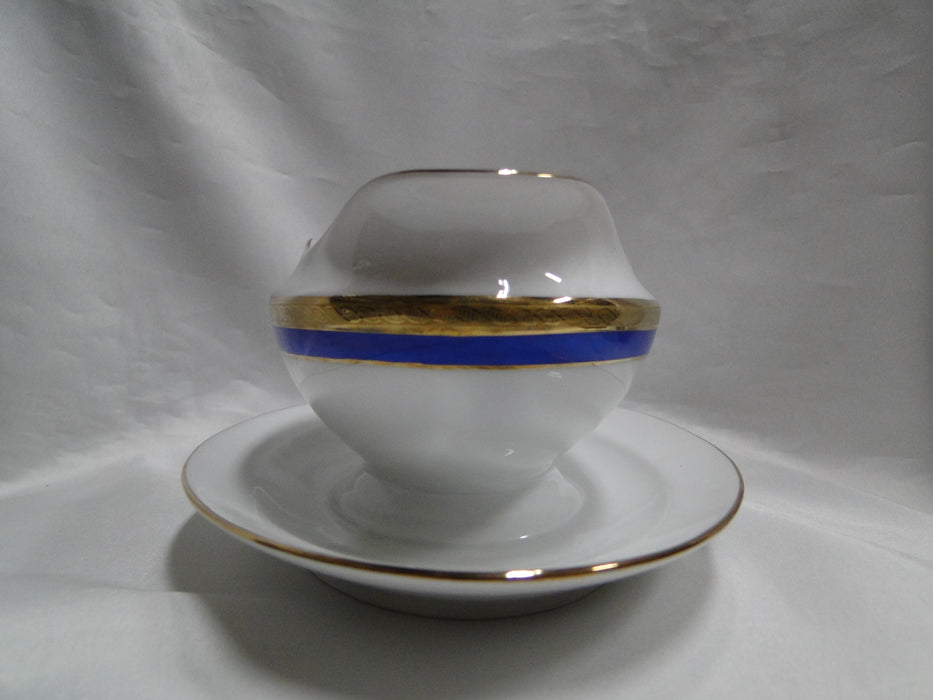 Richard Ginori Palermo Blue, Gold Encrusted: Gravy Boat w/ Attached Underplate