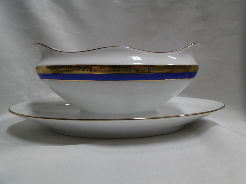 Richard Ginori Palermo Blue, Gold Encrusted: Gravy Boat w/ Attached Underplate