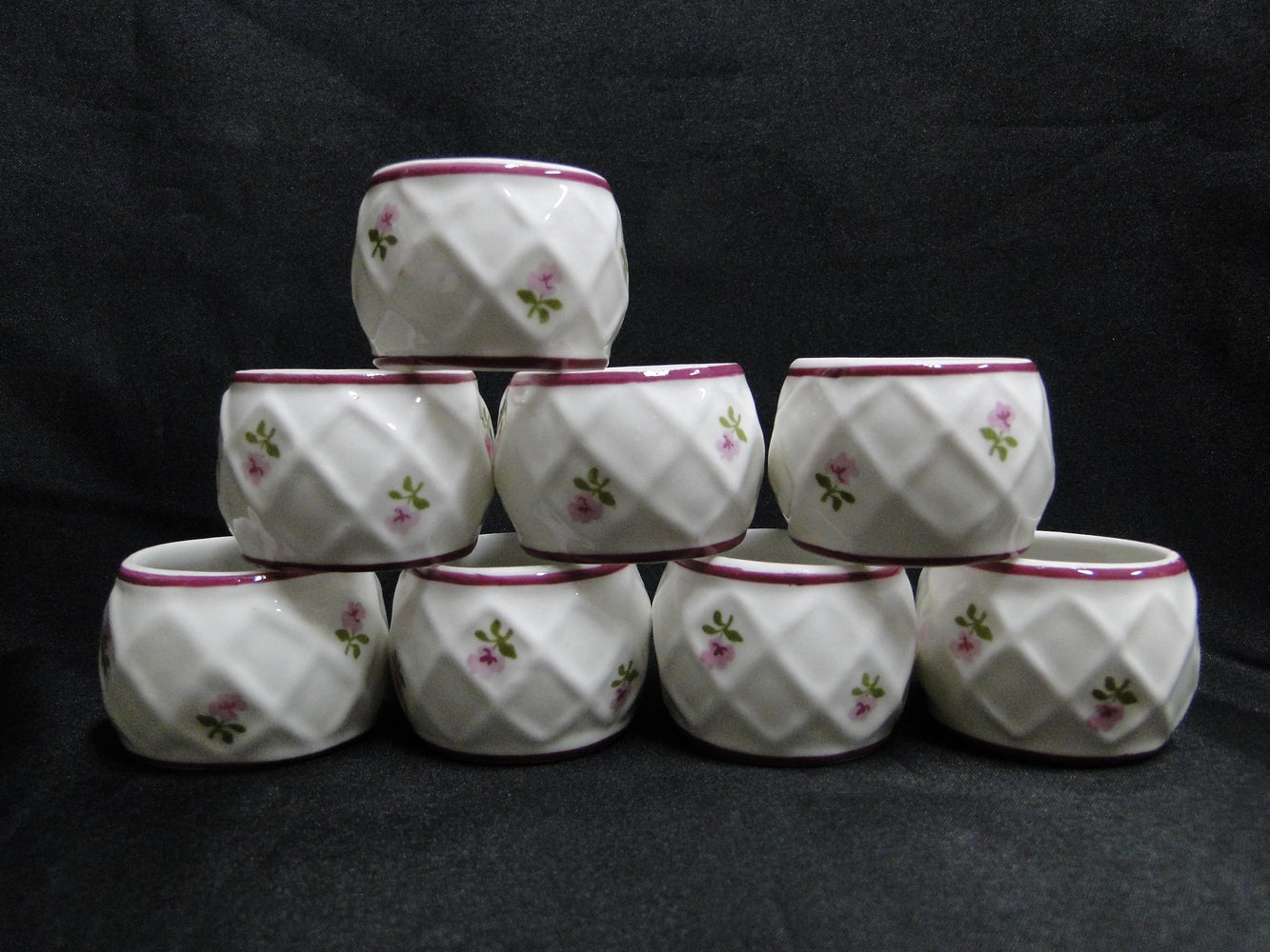 Pia, Philippines, Pink Flowers, Red Trim: Set of 8 Napkin Holders / Rings