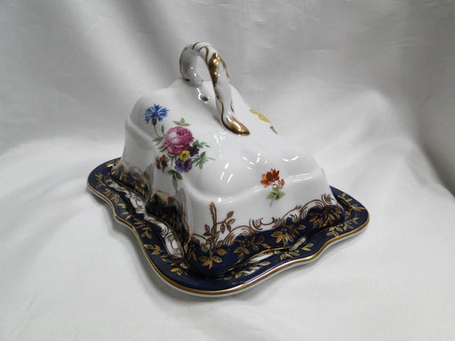 Limoges Florals on White, Cobalt Blue Edge: Cheese Dish w/ Wedge Lid