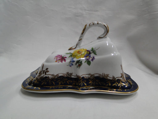 Limoges Florals on White, Cobalt Blue Edge: Cheese Dish w/ Wedge Lid