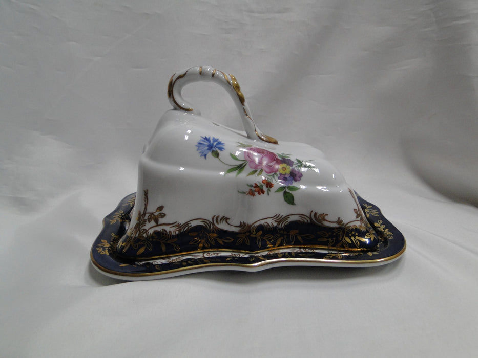 Limoges Florals on White, Cobalt Blue Edge: Cheese Dish w/ Wedge Lid