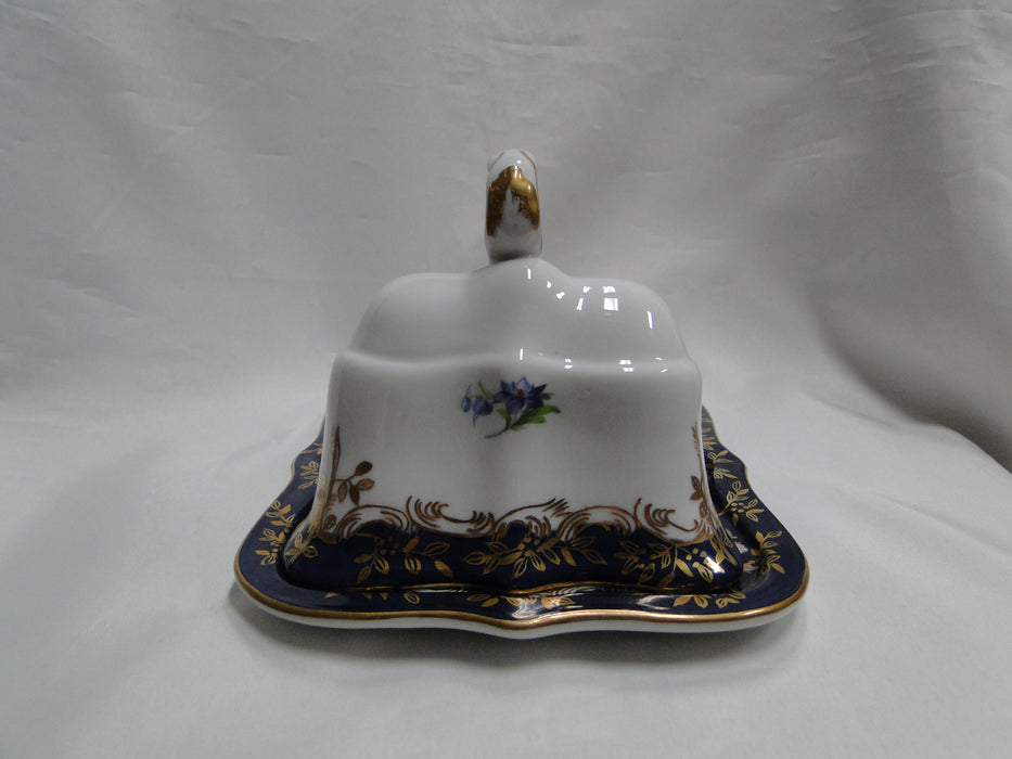 Limoges Florals on White, Cobalt Blue Edge: Cheese Dish w/ Wedge Lid