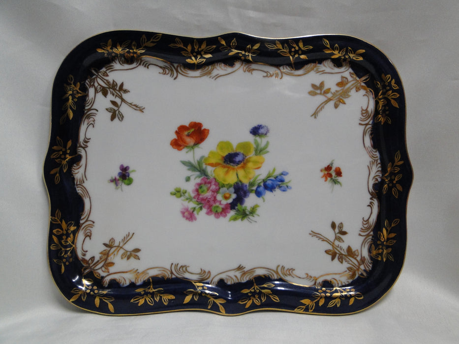 Limoges Florals on White, Cobalt Blue Edge: Cheese Dish w/ Wedge Lid