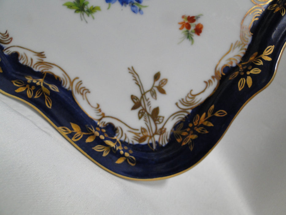 Limoges Florals on White, Cobalt Blue Edge: Cheese Dish w/ Wedge Lid