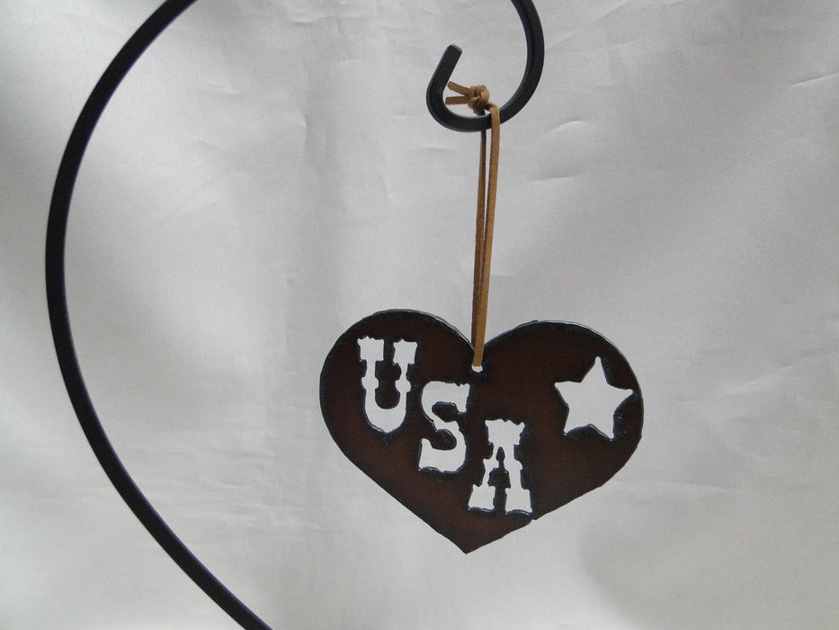 Rustic Ironwerks: NEW Heart USA Ornament w/ Leather Loop, 4"