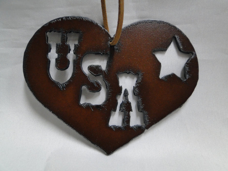 Rustic Ironwerks: NEW Heart USA Ornament w/ Leather Loop, 4"