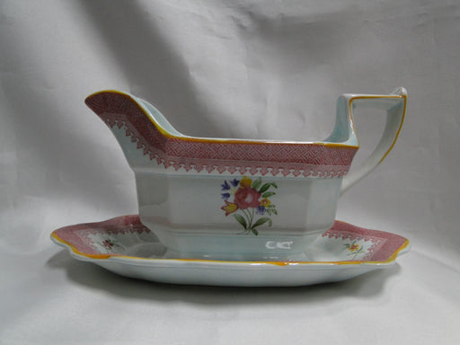 Adams Lowestoft, Celadon, Pink Border: Gravy Boat w/ Underplate, As Is