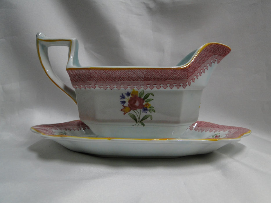 Adams Lowestoft, Celadon, Pink Border: Gravy Boat w/ Underplate, As Is
