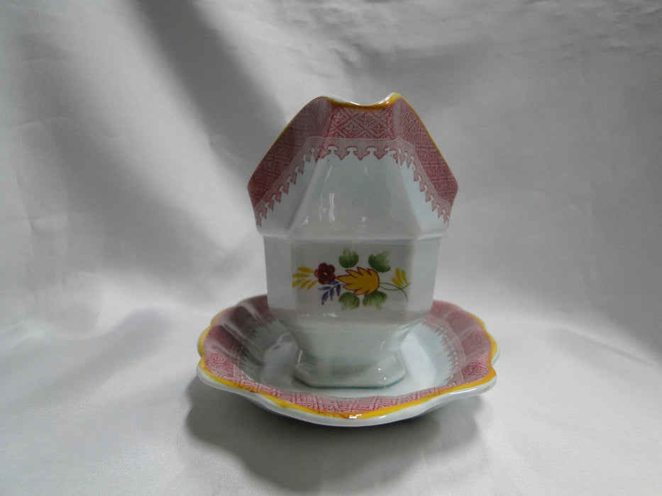 Adams Lowestoft, Celadon, Pink Border: Gravy Boat w/ Underplate, As Is