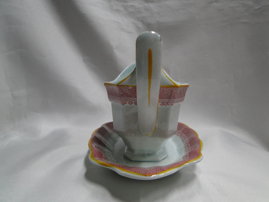 Adams Lowestoft, Celadon, Pink Border: Gravy Boat w/ Underplate, As Is