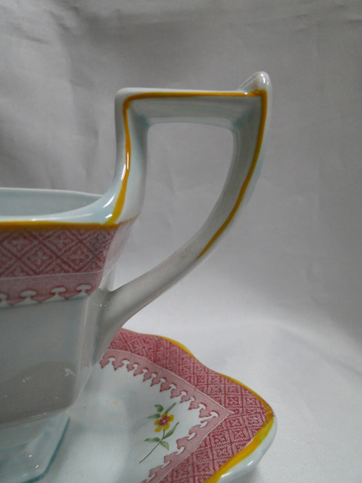 Adams Lowestoft, Celadon, Pink Border: Gravy Boat w/ Underplate, As Is