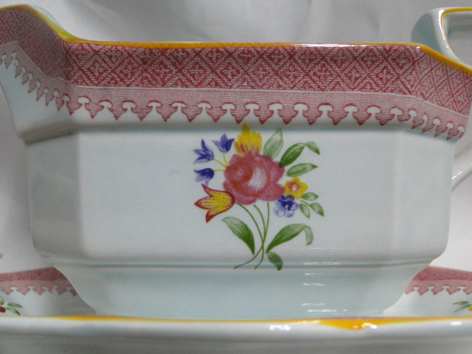 Adams Lowestoft, Celadon, Pink Border: Gravy Boat w/ Underplate, As Is