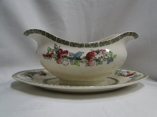 Johnson Brothers Indian Tree, Cream, Green Greek Key: Gravy Boat w/ Underplate