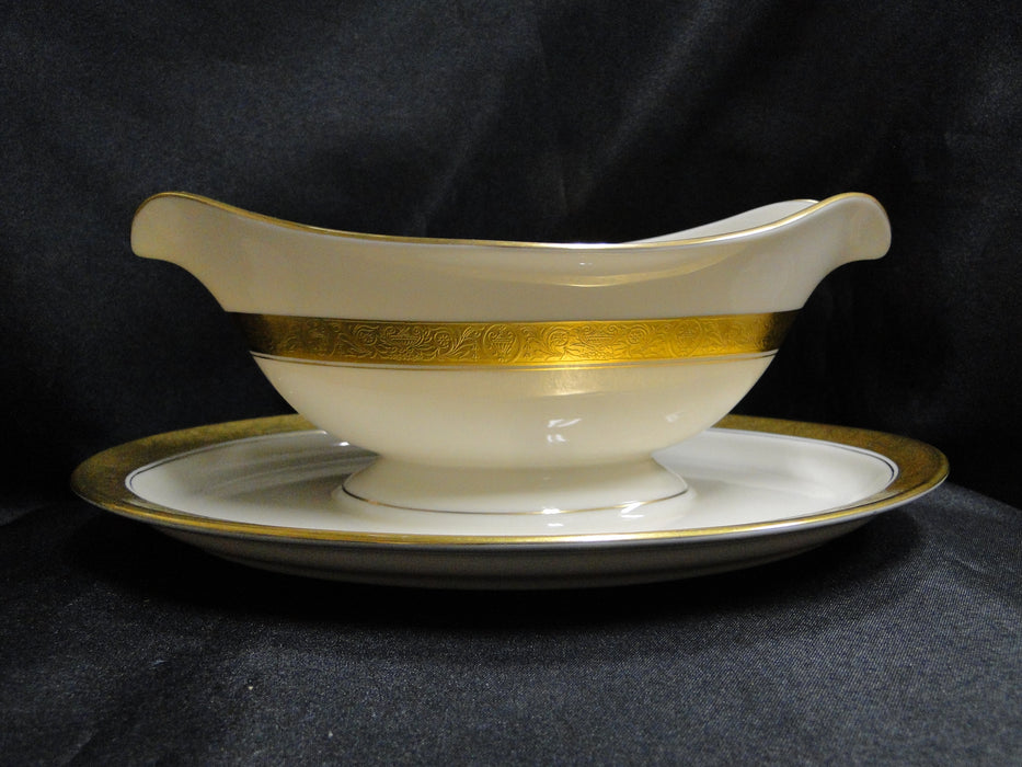 Pickard Athenian, Ivory, Gold Encrusted: Gravy Boat w/ Attached Underplate