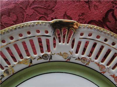 White Reticulated Plate w/ Gold Flowers, Green Band, Lady in Center, 10 1/2"