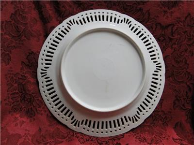 White Reticulated Plate w/ Gold Flowers, Green Band, Lady in Center, 10 1/2"