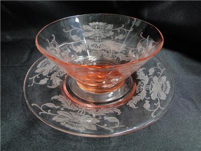 Tiffin Flanders Pink, All Pink, Etched: Finger Bowl & Underplate Set, As Is