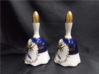 White w/ a Blue Jay, Flowers, Cobalt Blue & Gold Accents: Pair of Bells, 5 1/4"