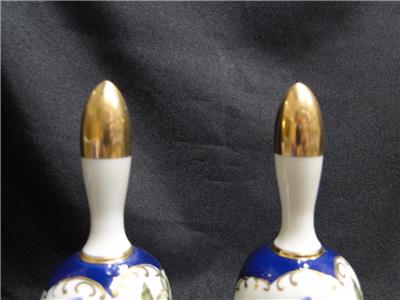 White w/ a Blue Jay, Flowers, Cobalt Blue & Gold Accents: Pair of Bells, 5 1/4"