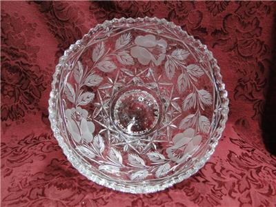 Footed Crystal Bowl, Clear w/ Roses & Leaves, 6 3/8" x 4 1/4" Tall --  MG#072