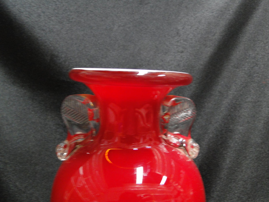 Red Glass Vase w/ Clear Handles, White Inside, 8" Tall - MG#103