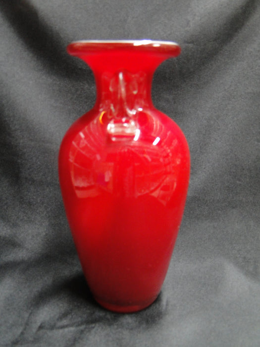 Red Glass Vase w/ Clear Handles, White Inside, 8" Tall - MG#103