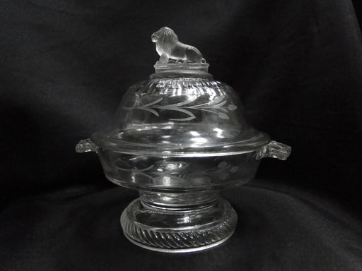 Pressed Glass, Gray Cut Flowers: Compote w/ Lion Finial, 7", As Is -- MG#189