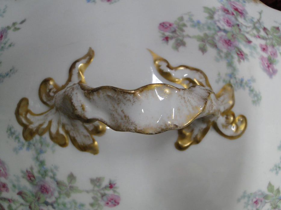 Wm Guerin, Limoges, Pink Roses, Blue, Green: Oval Tureen w/ Lid, As Is